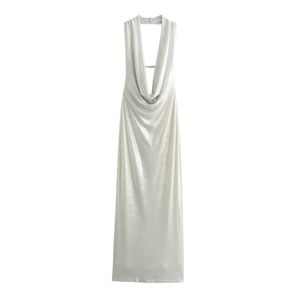 

Women's casual and stylish pleated sexy backless neckline dress, formal dress, long skirt