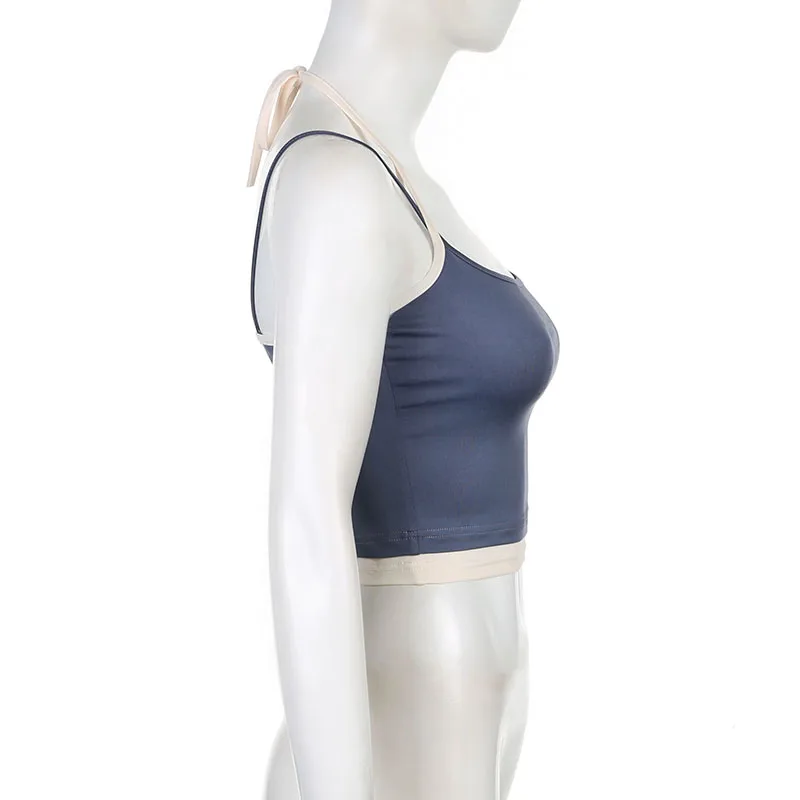 Camisola de moda de calle alta, top de retazos falso de dos piezas, top de tirantes con cuello halter, chaleco básico sin mangas para fitness, informal, de verano