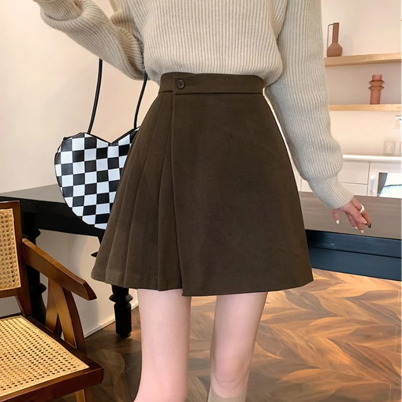 

Autumn Winter Woolen Mini Skirt Women Vintage Irregular Pleated Patchwork High Waist A-line Short Skirt Korean Casual Falda
