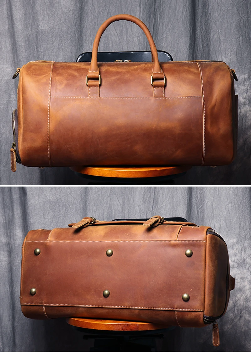 MUNUKI Vintage Crazy Horse Genuine Leather Travel bag  Large Luggage bag men Leather duffle bag Large Weekend Bag Tote Big 4