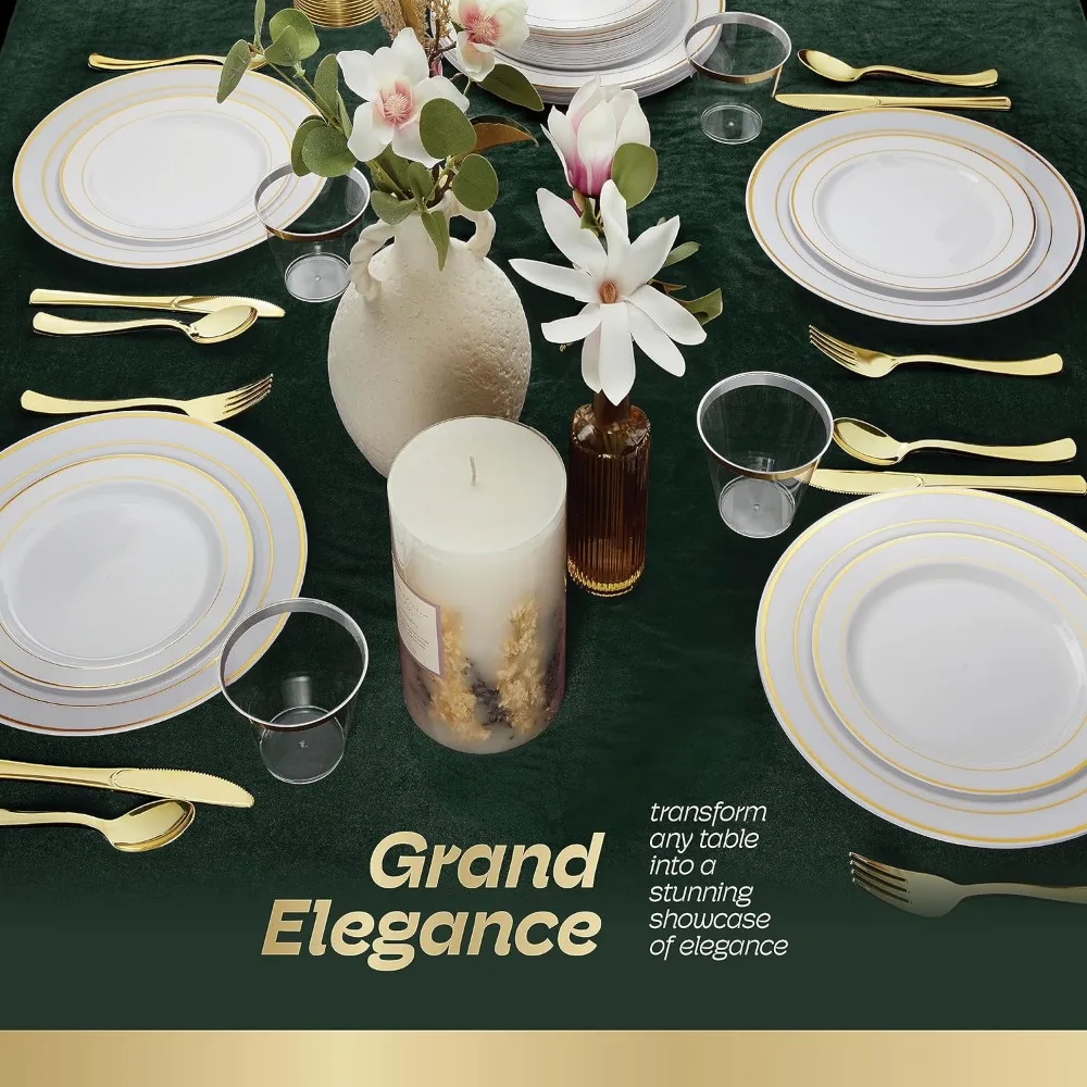 600pcs Plastic Dinnerware Set For 100 Guests Gold Plastic plates for party Premium Wedding