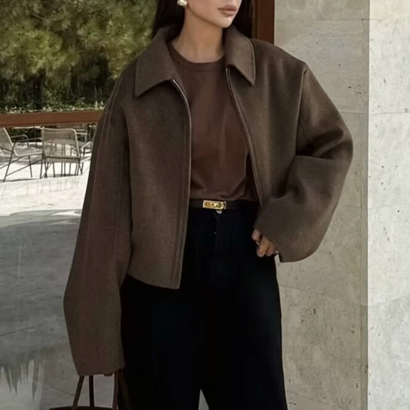 Bomber Jackets Women's Coat 2024 inszart Solid With Zipper Long Sleeve Outwear Elegant Cropped Coat Gray Woman Jacket Coat