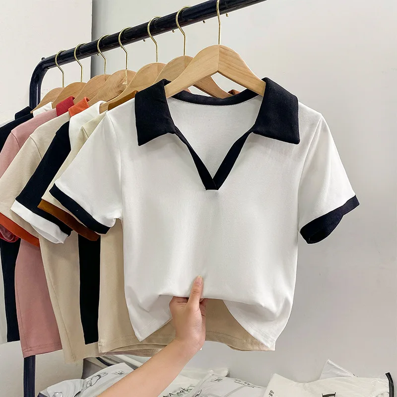 

Y2K V-neck Cotton Short Sleeve T-shirt Women Summer Korean Contrast Stitching Polo Short Shirt Top Fashion Ladies Tee Blouses