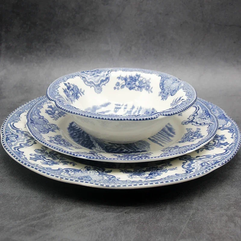 The Blue Britain Castles Dinner Set European Style Dinner Ware Ceramic Breakfast Plate Beef Dishes Dessert Dish Soup Bowl