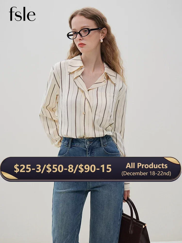 

FSLE French Style Cozy Casual Loose Folded Collar Shirt for Women Winter 2023 Niche Apricot Brown Striped Shirt Tops Female