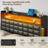 Bed Frame Queen Size with Storage Headboard and 2 Drawers, Upholstered Platform Bed with Charging Station and LED Light, Black 4