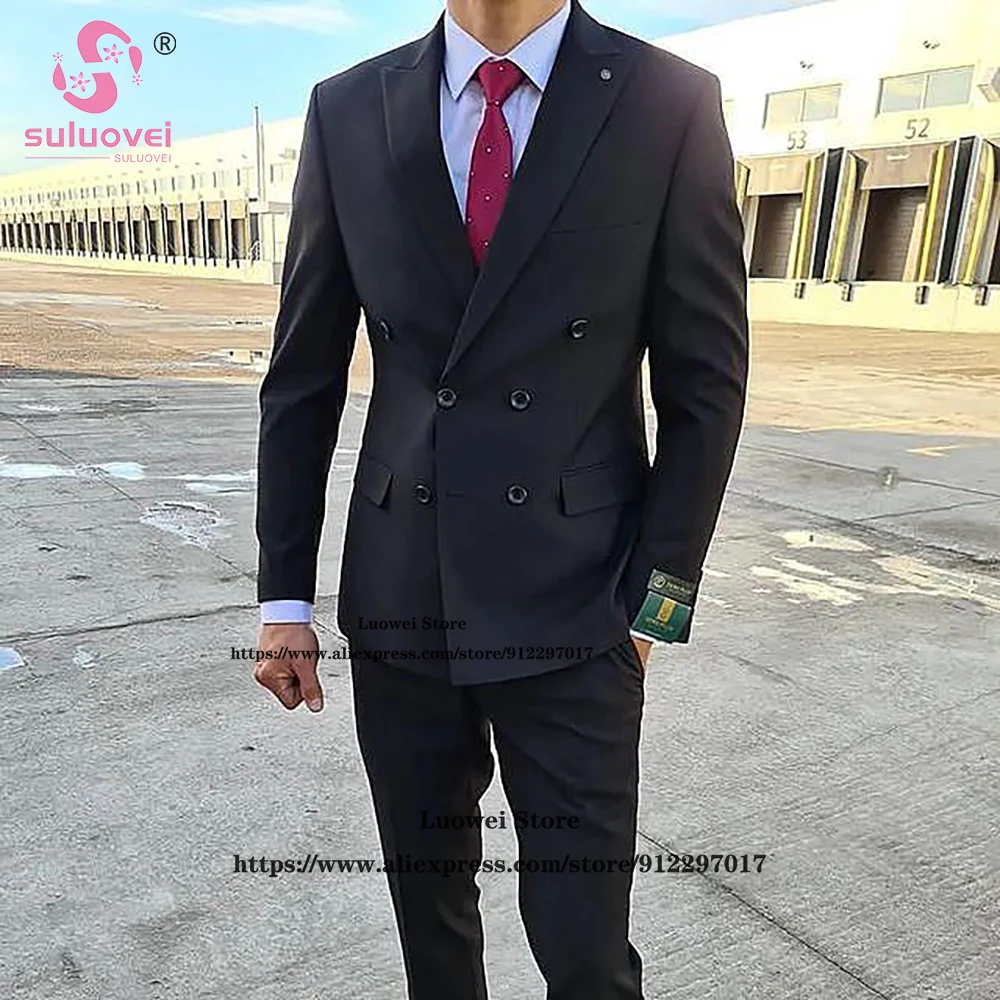 Fashion Double Breasted Suits For Men Slim Fit Groom Wedding Peaked Lapel Tuxedo 2 Piece Jacket Pants Set Male Business Blazer