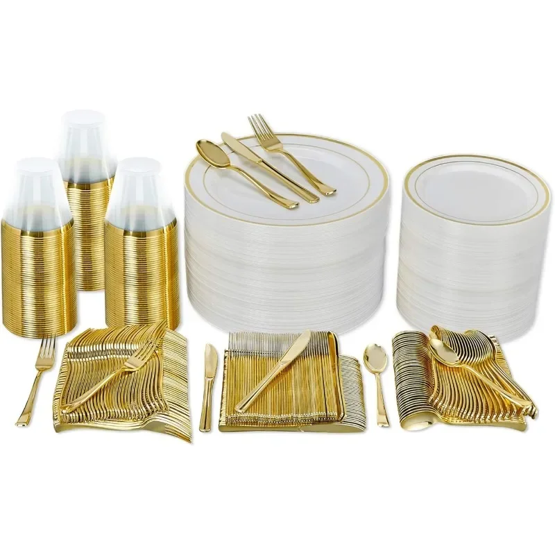 600 Piece Plastic Disposable Dinnerware Set 100 Guests Includes Dinner Plates Salad Plates Knives Forks Spoons Cups