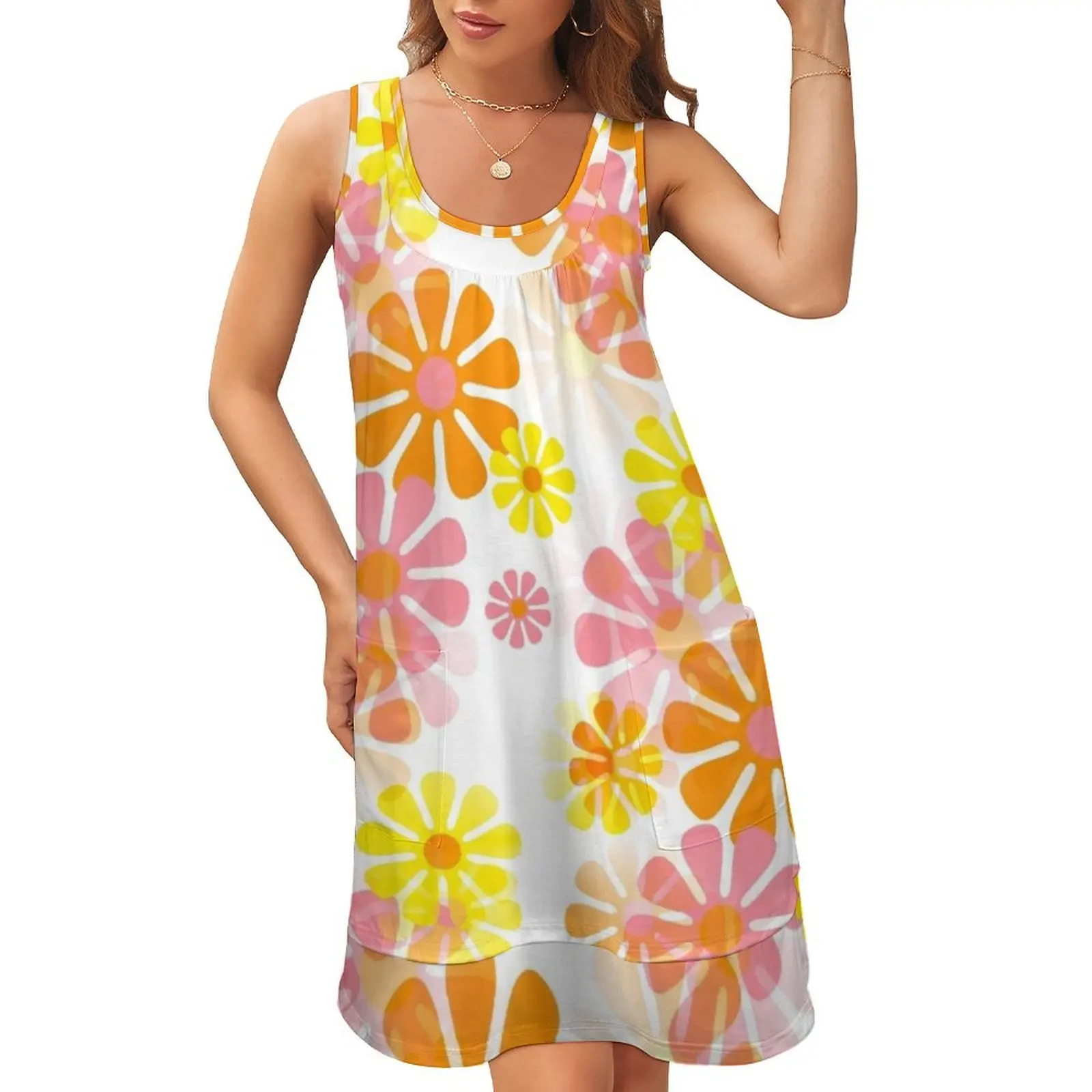 

60's Retro Groovy Mod Flowers In Pink, Orange and Yellow Sleeveless U-Neck Fake Two Piece Dress women long dresses bandage dress