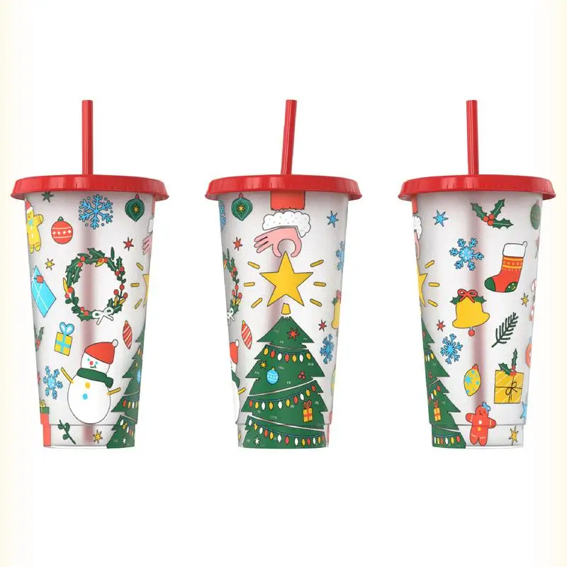 Christmas Cups Lids Straws, Plastic Christmas Cups Lids