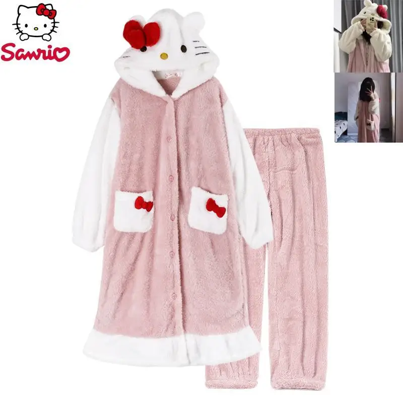 

Sanrio Hellokitty Pajamas Women's Fall And Winter Coral Fleece Padded And Thickened Can Be Worn Outside Kitty Robe Long Suit