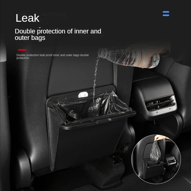 For Tesla Model 3 Y Garbage Bag Waterproof Magnetic Adsorption Trash Can with LED Leak-proof Back Seat Hanging Storage Box