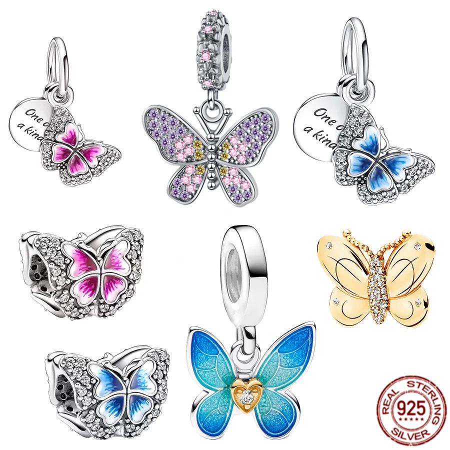 

New 925 Sterling Silver Sparkling Butterfly & Quote Double Dangle Charm Bead Fit Original Pandora Bracelet Fashion Jewelry Gift