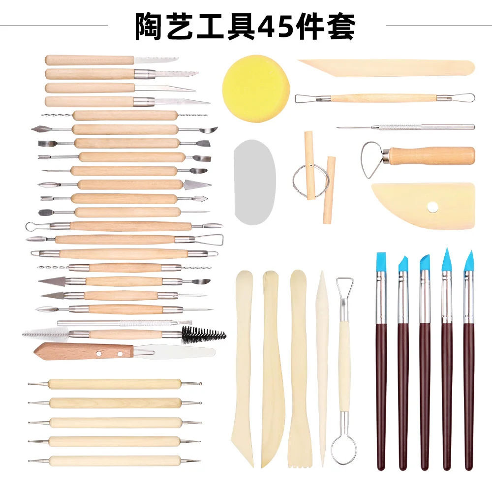 45pcs Wooden Pottery Art Tools Set for Clay Sculpting Modeling