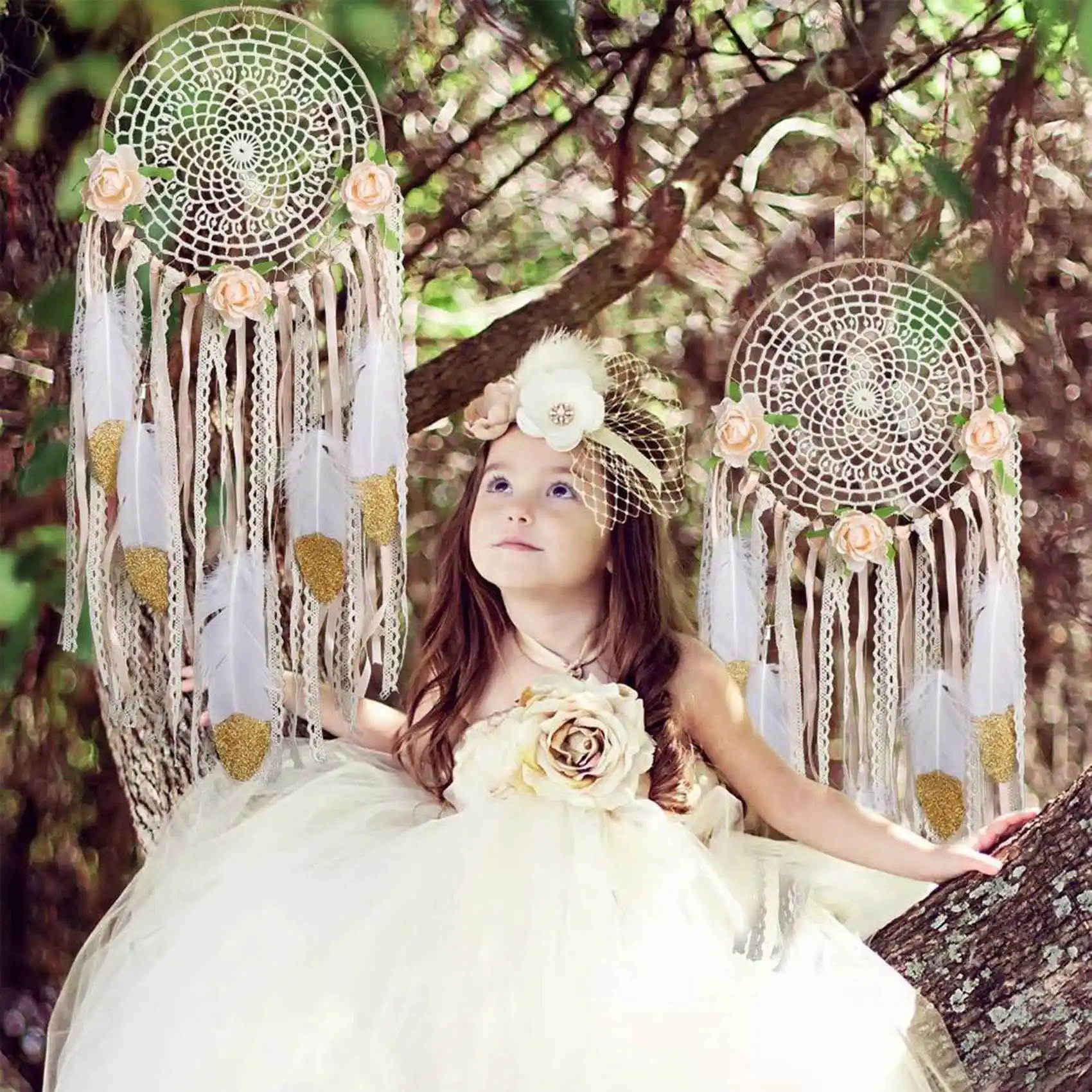 Woven Flower Feathers Dreamcatcher Boho Macrame Hanging Dream Catcher DIY Wind Chimes Wall Art Wedding Decoration 5