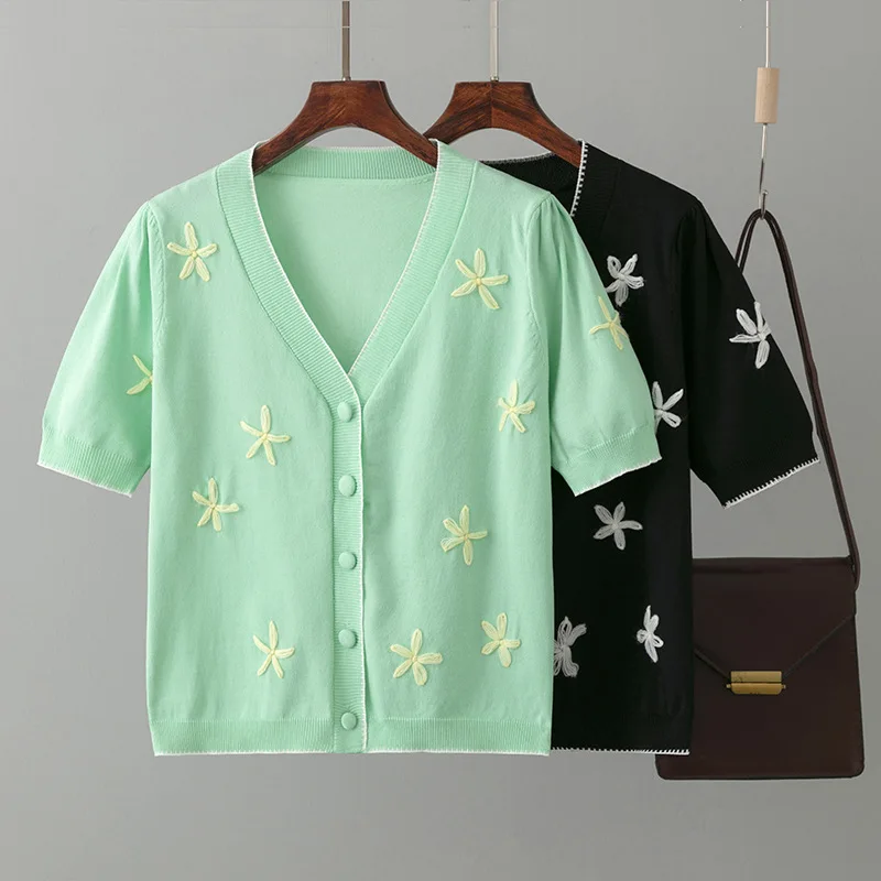 

Spring Short Sleeves Knitted Cardigans Tees Floral Embroidery Green Color Loose Sweater T-Shirt Clothes