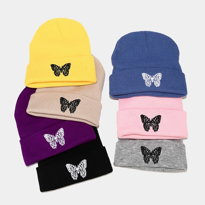 2022 Men and Women Couple Knitted Hat Butterfly Embroidery Woolen Hat Outdoor Wild Warm Pullover Cap Elastic Adjustable