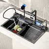 New Digital Display Waterfall Sink Stainless Steel Kitchen Sink Embossed Large Single Slot Wash Basin With Smartphone Holder 1