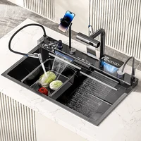 New Digital Display Waterfall Sink Stainless Steel Kitchen Sink Embossed Large Single Slot Wash Basin With Smartphone Holder 1