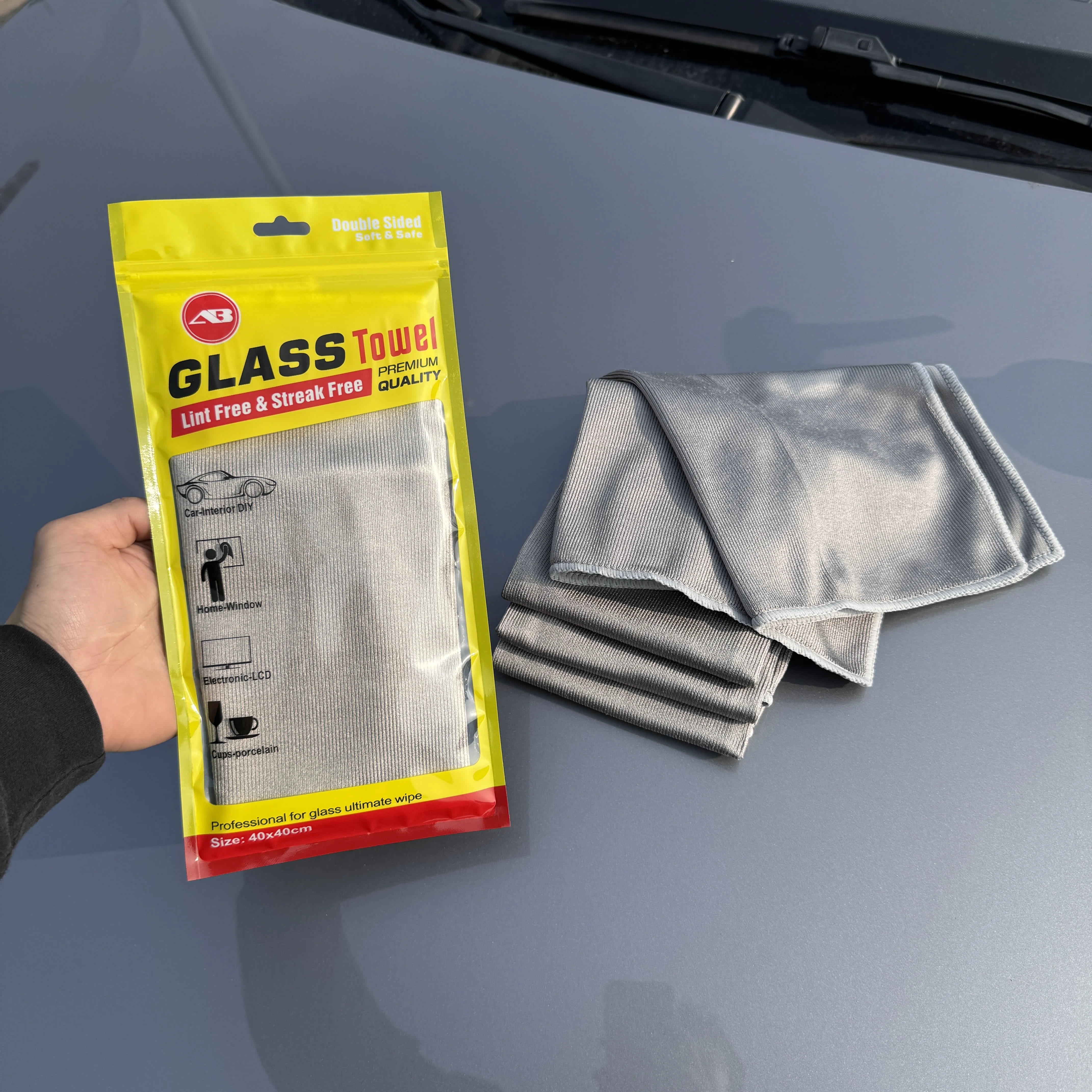 AUTOBRIGHT Gray 40cm x 40cm 400GSM High-Quality Glass Cleaning Towel for Cars Kitchenware Windows Interiors Electronics Cloths 2