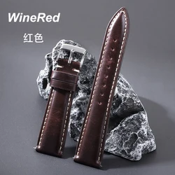 Premium Top Grain Brown Leather Watch Strap with Stainless Steel Buckle - 22mm (Wine Red)