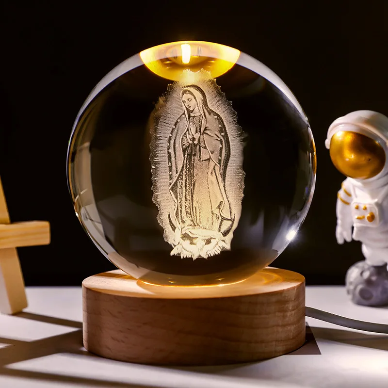 Unique Jesus 3D Crystal Ball Night Light with Wooden LED Base, Creative 3D Carved Crystal Ball Wholesale Craft Gift, Perfect for 2