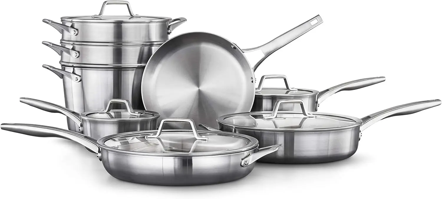 13 Piece Stainless Steel Kitchen Cookware Set with Aluminum Core Stay Cool Handles and Steamer Insert Silver Dishwasher Safe