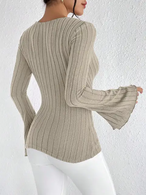 Women's Fall and Winter Long-sleeved Tops, V-neck Sexy Slim Striped Women's Tops, Long-sleeved T-shirt Knitted Bottoming Shirt 2