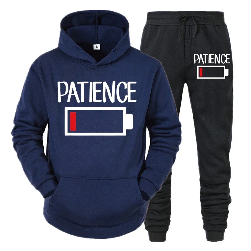 thumbnail image 1 of Conjunto de 2 piezas de sudadera y pantalones divertidos con estampado de batería "PATIENCE" para hombre, sudadera de manga larga, chándal, ropa deportiva unisex, 1 of 5