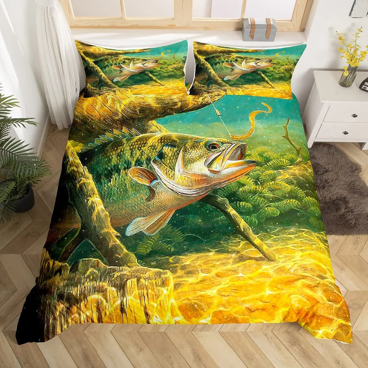 Swordfish Green Ocean Duvet Quilt Cover Queen Marine Fish Bedding Set  Pillowcase