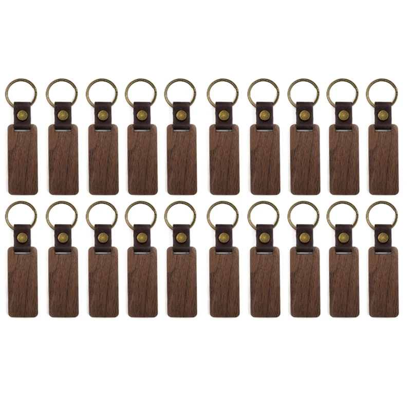 20Packs Wooden Keychain Rectangle Blanks Leather Keychain Blank