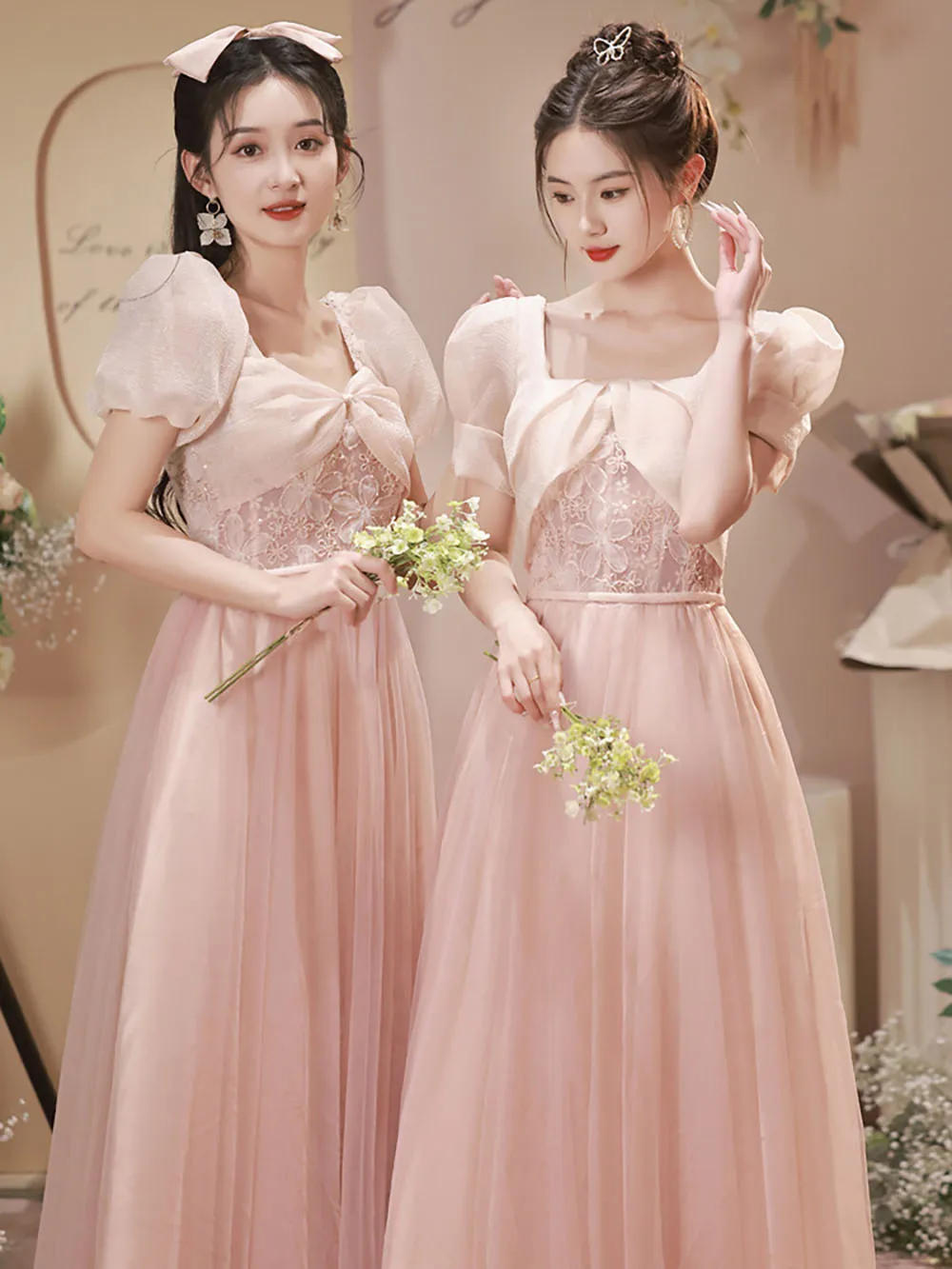 

Women Pink Bridesmaid Dresses Luxury Square Collar Short Puff Sleeve Slim Dress Beading Floral Evening Dress Party Formal Gown