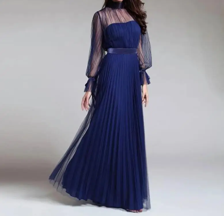 

New Spring And Summer Mesh Long sleeved Solid Round Neck Dress For Women