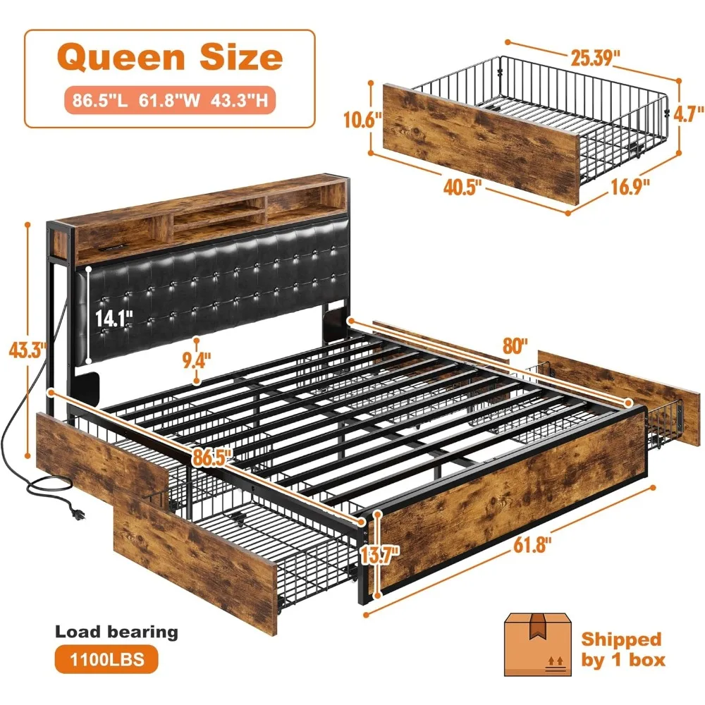 Queen Bed Frame with 4 Storage Drawers and Upholstered Headboard Meal Bed Frame Queen Size Built in Charging Station,Noise Free 2