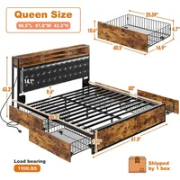Queen Bed Frame with 4 Storage Drawers and Upholstered Headboard Meal Bed Frame Queen Size Built in Charging Station,Noise Free 2