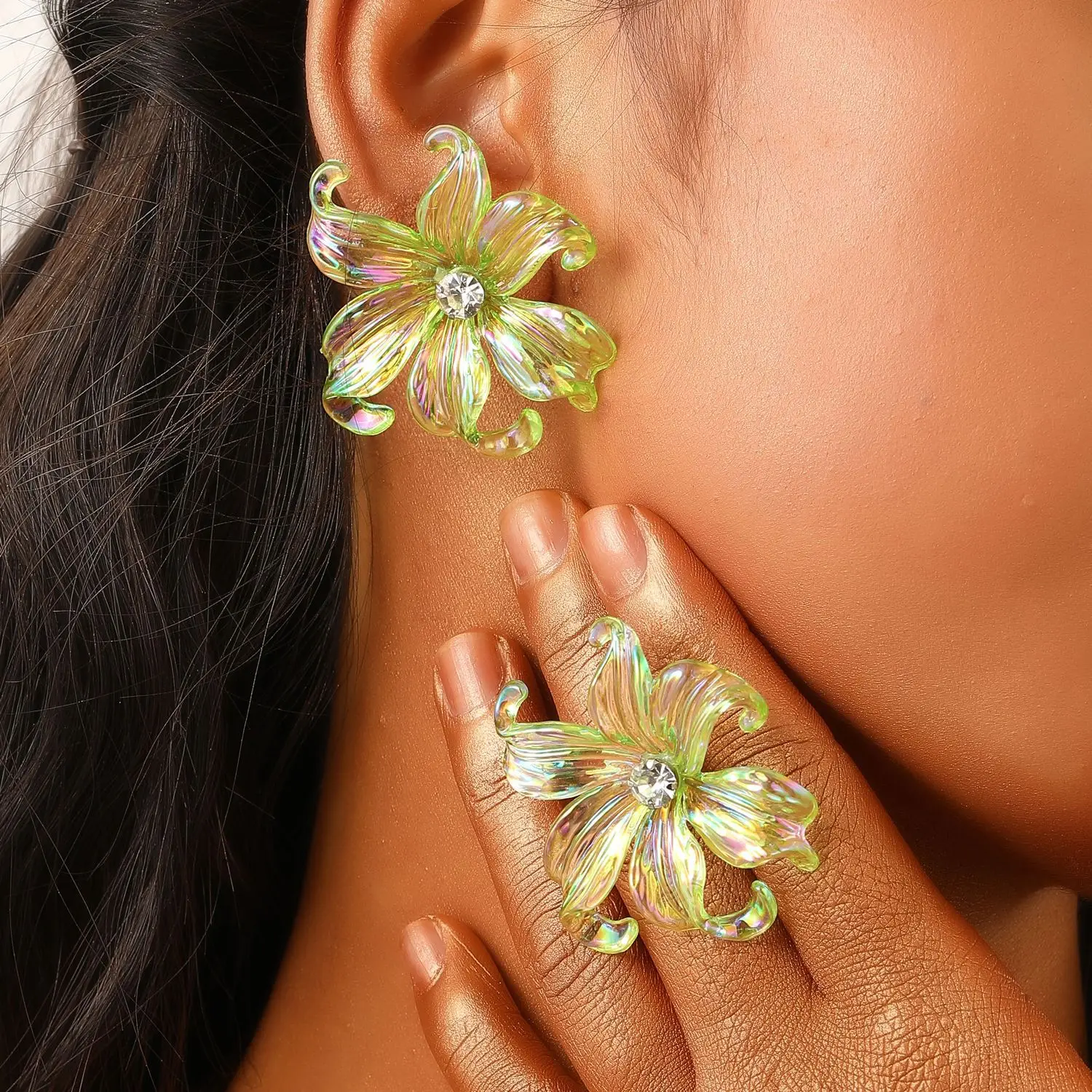 Acryl große Blume Iris Kristall Ohr stecker für Frauen lila rosa grüne Farbe weibliche süße Schmuck Hochzeit Weihnachts geschenk