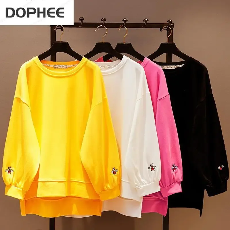 New Spring Fashion O Neck Women Pullovers Tops Embroidery Batwing Sleeve Medium-long Students Sweatshirts Solid Color Hoodies