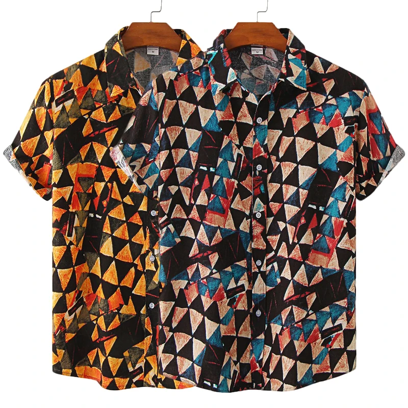 

Men's Cotton Polyester Summer Short Sleeve Shirt Geometric Plaids Pattern Hawaiian Beach Male Shirts Casual Blouse For Men
