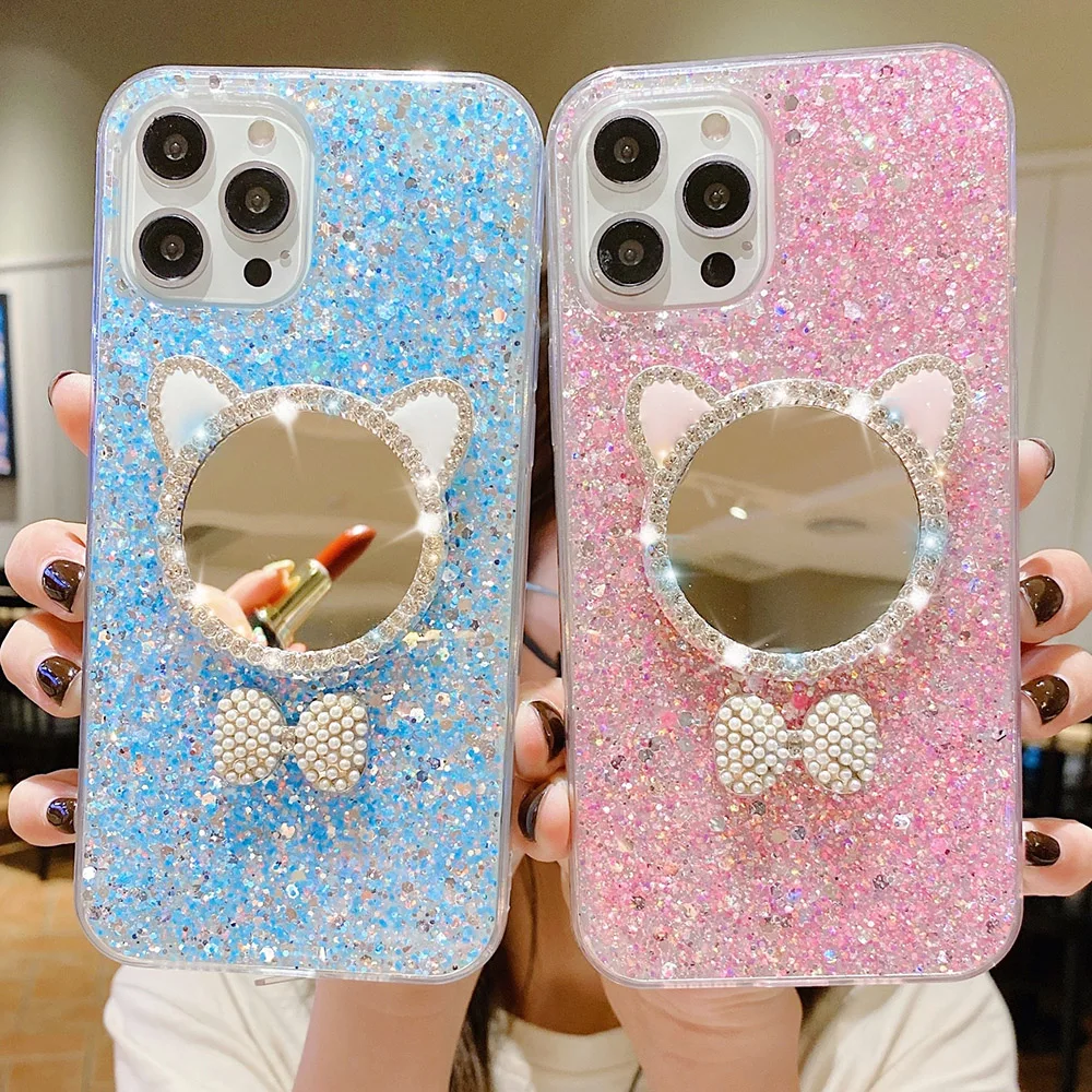 

Fashion Bling Glitter Phone Case For iPhone 14 Pro Max Case iPhone 13 11 12 Pro Max SE XR XS Max 7 8 14 Plus Makeup Mirror Cover
