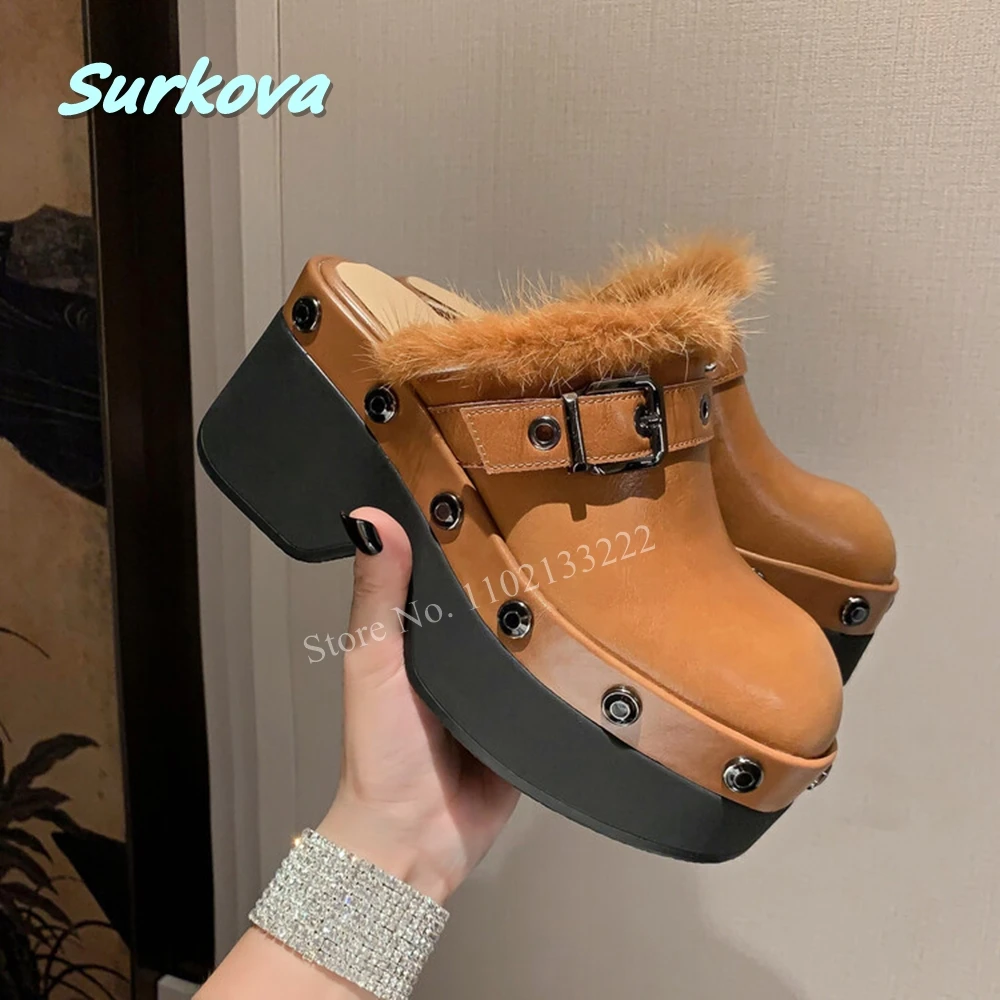 

Brown Studded Platform Fur Slippers Autumn 2024 Women's New Arrival Fashion Round Toe Sexy Party Sandals Mordern Outside Shoes