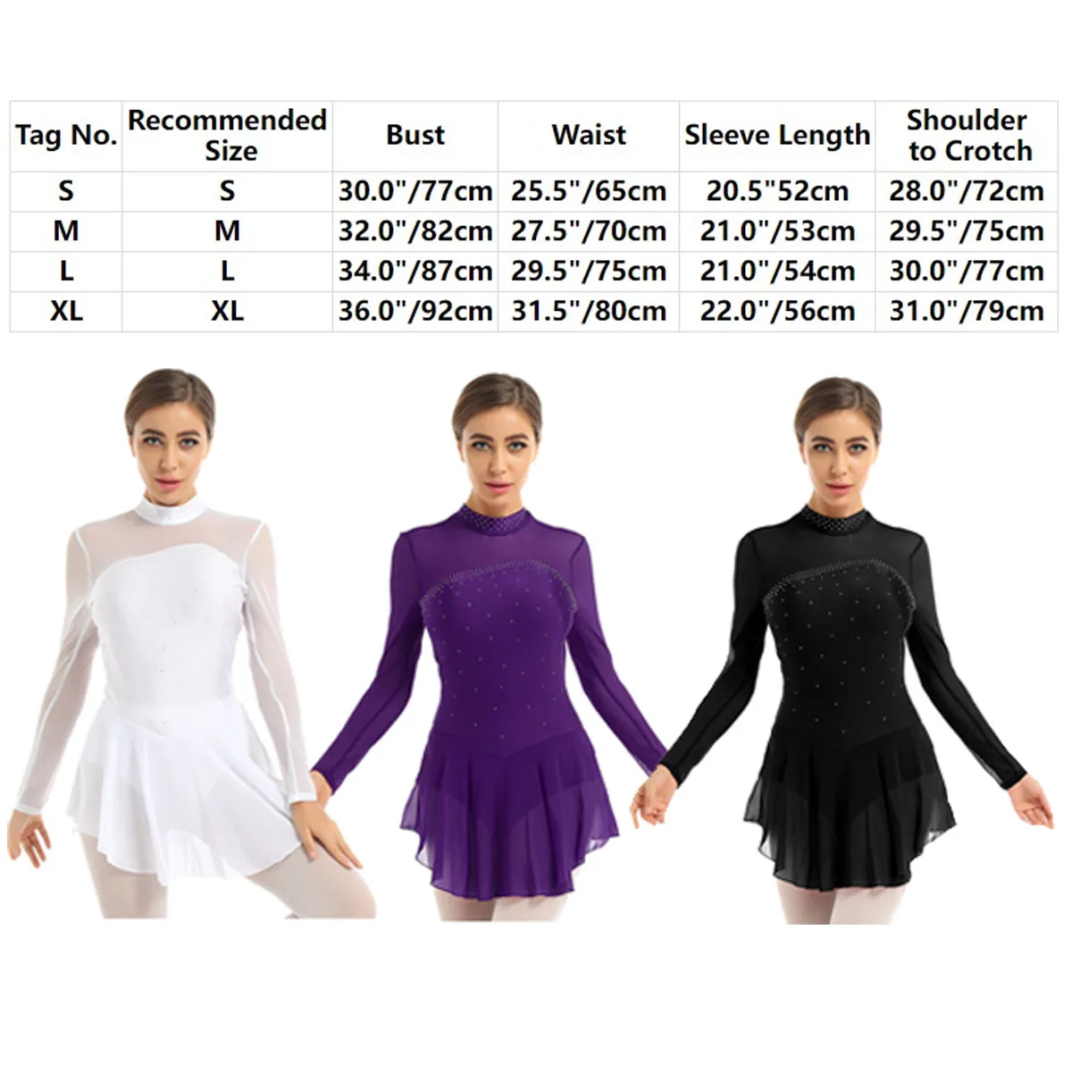 Women Shiny Rhinestone Mesh Long Sleeve Figure Skating Dress Ballet Dancewear Gymnastics Leotard Competition Performance Costume