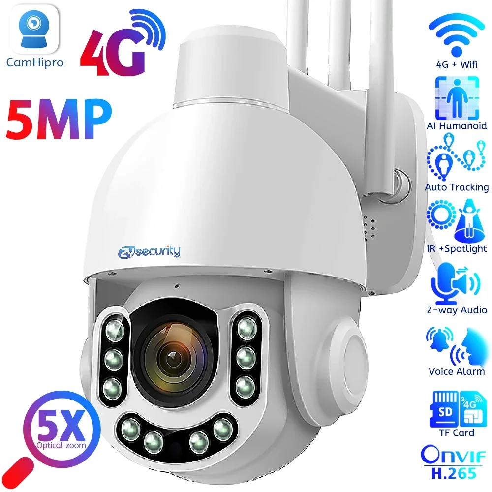5MP 4G Sim Kart Wifi IP PTZ Kamera Açık 5X Zoom Otomatik Takip Renkli Gece Görüş Kablosuz Speed Dome CCTV Gözetleme Kamerası