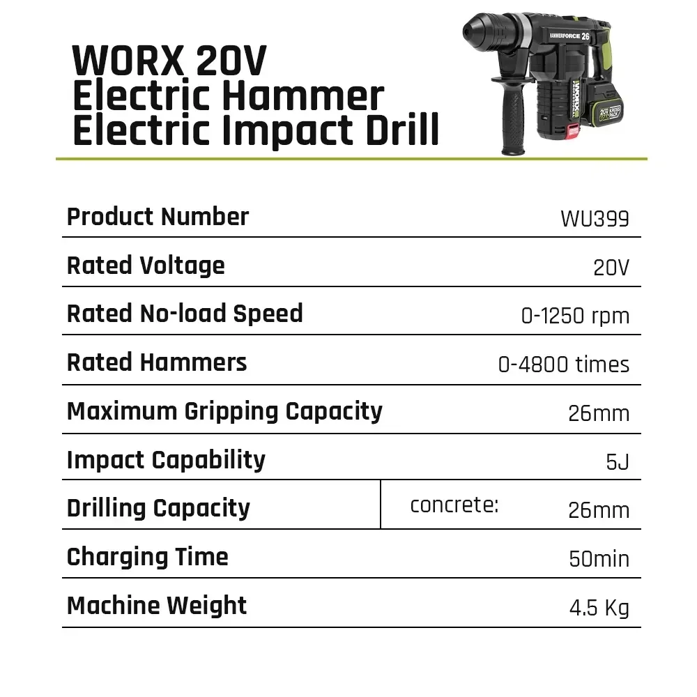 WORX WU399 5.0J Electric Hammer Impact Drill Industrial Grade Brushless 20V Green Lithium Battery 3