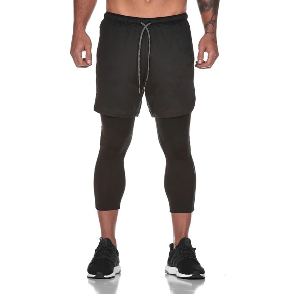 

Men Legging Pants 2 in 1 Gym Bodybuilding Compression Pants Black Fashion Quick Dry Running Leggings Joggers Shorts Trousers