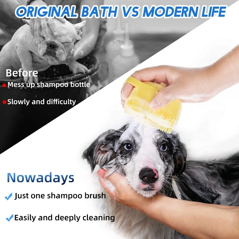 Pet Bath Brush For Dogs & Cats - Rubber Grooming Brush With Handle For Massage & Shampoo Lathering, Blue - View #4