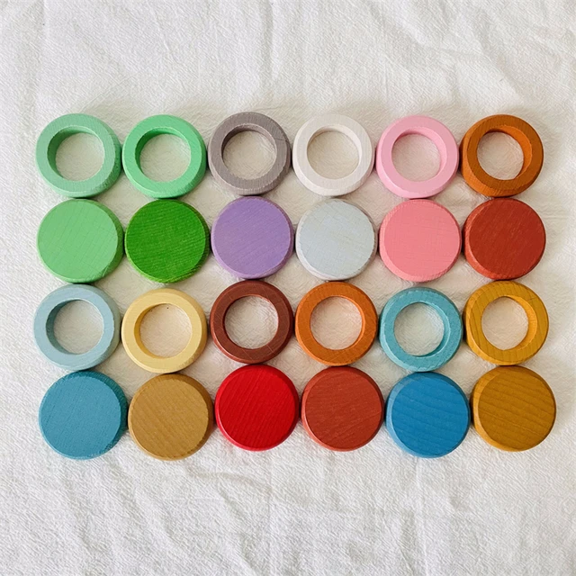 Rainbow Colored Wooden Rings Coins Blocks Kids Open Ended Play Toys Baby Montessori Activity At Home Stacking Game Loose Parts 3