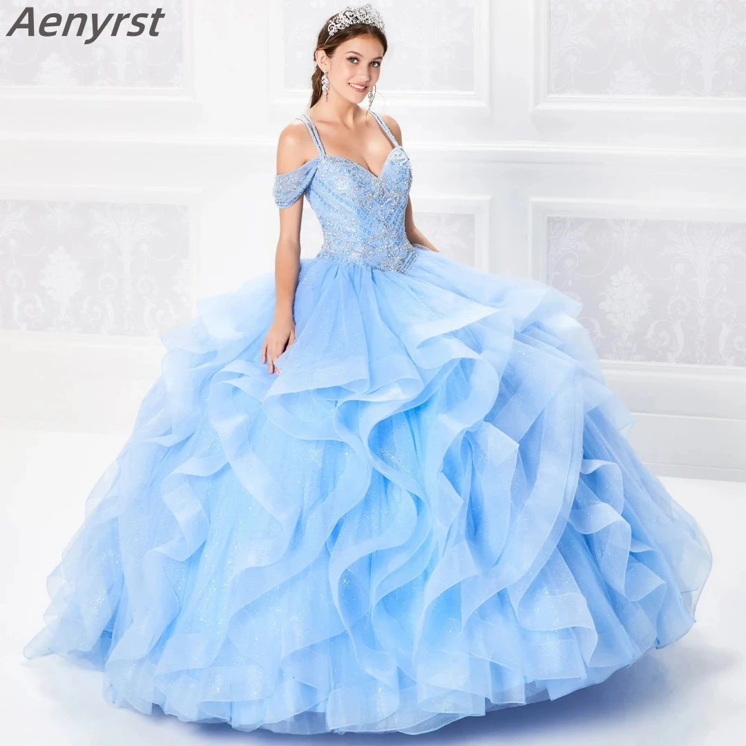 

Aenyrst Puffy Quinceanera Dresses Spaghetti Straps Tulle Beaded Appliques Tiered Ball Gowns Sweet 16 Vestidos de 15 Años