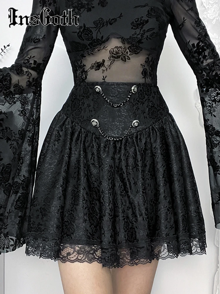 

InsGoth Gothic Composite Lace Linen Mini Skirt Women Aesthetic Grunge Lace Trim Korea Fashion High Waist Skirt Skater Skirt