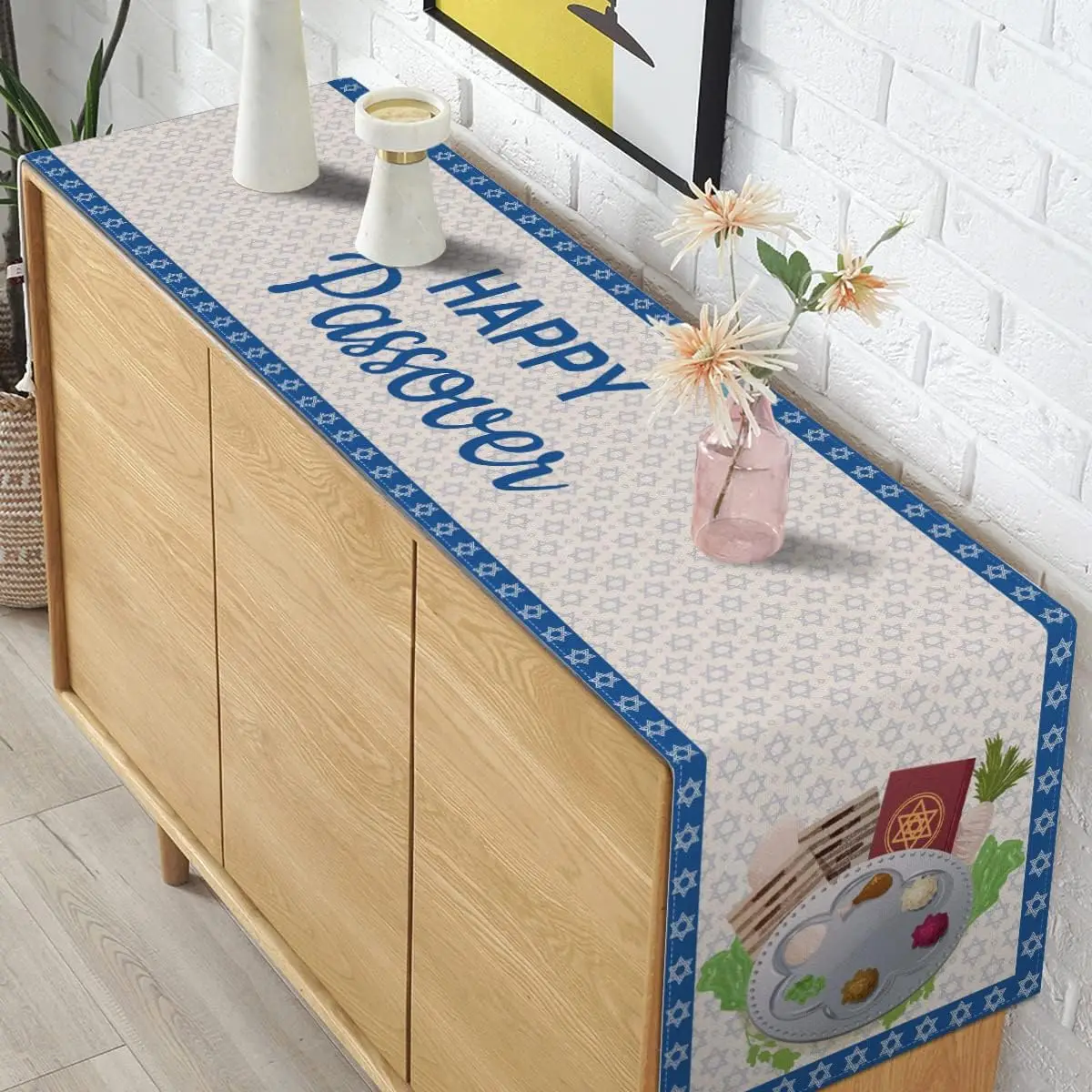 Happy Passover Linen Table Runner – Star of David Pesach Table Decor 2