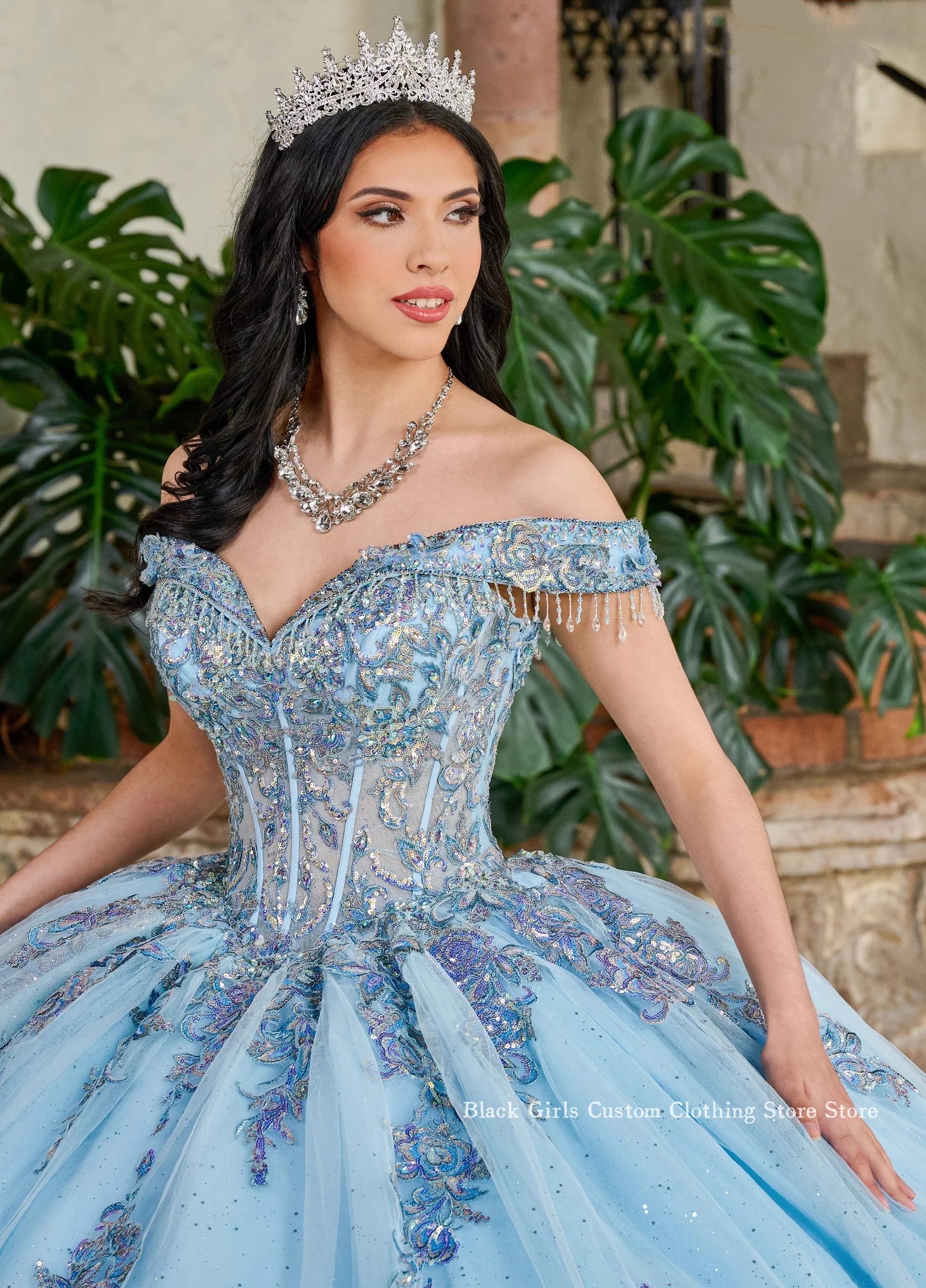 Sky blue Ball Gowns One-shoulder Sheer Fishbone Corset Beaded Appliques vestidos en oferta liquidaci&oacute;n env&iacute;o gratis Custom